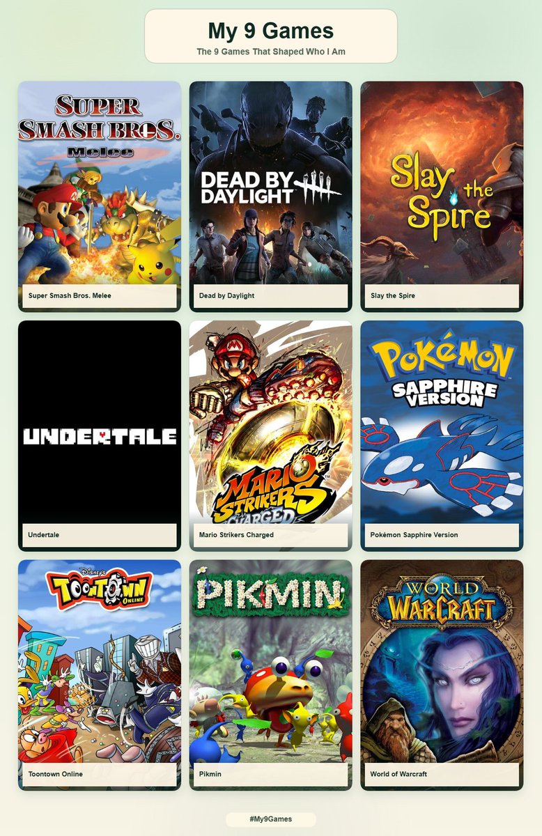 zSubtle's tweet photo. Seen the "9 games" trend and there's probably a few things I could swap in but overall I think this about covers it. https://t.co/iaAoXll4B8