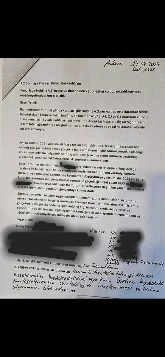 OlcayT35's tweet photo. KAMUOYUNA SORUYORUM:

Bir şirkette noter tasdikli fiziki hisseler, MKK kayıtlarıyla uyuşmayan işlemler, birbiriyle çelişen teslim tutanakları ve “ortaklık pay defteri imha edildi” beyanı varsa, bunları incelemesi gereken kurum SPK değil midir?

Peki bütün bu belgeler SPK’nın önündeyken neden yıllardır sonuç yok?

Bir sermaye piyasası kurumunun görevi yatırımcıyı ve pay sahibini korumaksa, böylesine ağır çelişkiler karşısında sessizlik ne anlama geliyor?

Ortada cevaplanmamış çok basit sorular var:

Hisseler kime geçti?
Hangi tarihte geçti?
Hangi kayıtla geçti?
Pay defteri neden imha edildi?
Çelişkili teslim tutanakları neden açıklığa kavuşturulmadı?

Bu sorular yıllardır cevapsız bırakılıyorsa kamuoyunun şu şüpheyi sorması kaçınılmazdır:

SPK bu dosyada gerçekten denetim mi yapıyor, yoksa belgelerin üzerine sessizlik mi örtülüyor?

Biz kimseye ayrıcalık istemiyoruz.
Sadece belgelerin konuşmasını istiyoruz.

Çünkü bir kurumun itibarı, vatandaşın sorduğu soruları susturmakla değil, o sorulara belgeyle cevap vermekle korunur.

@spkgovtr @ticaret @HMBakanligi @RTErdogan @abakingurlek @mustafaakis @Akparti @mustafaciftcitr @oktay_saral @cbsbb @adalet_bakanlik @tcbestepe @TRombudsman @BDDKResmi @MerkeziKayitTur @borsaistanbul @tvOnlar #borsa #dolandiriliçik #fon #tera #pusula #ankara #türkiye #hissemağdurları #fonmağdurları