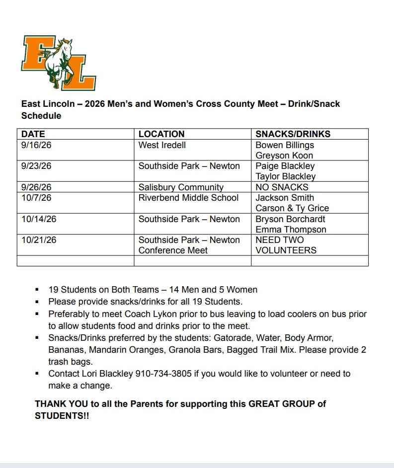 elhsmustangsxc's tweet photo. Please check the practice times for this week. Also Check out the snack help opportunities for the rest of the season. https://t.co/9IOpvcGEtq