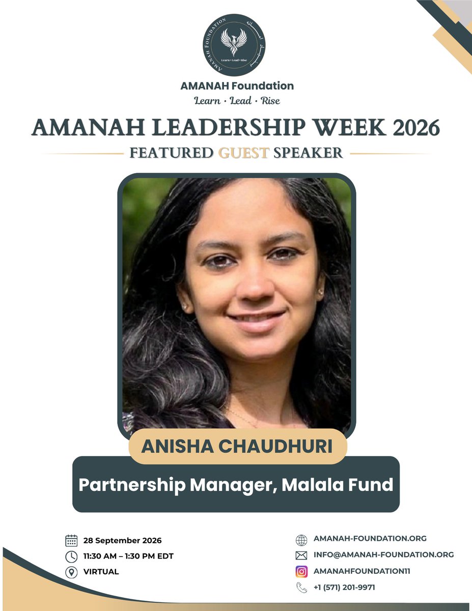 AmanahFoundatio's tweet photo. We are honored to welcome Anisha, Partnership Manager at Malala Fund, as a featured guest speaker for Amanah Leadership Week 2026 - Cohort 3. https://t.co/nmIQSyQ63Y