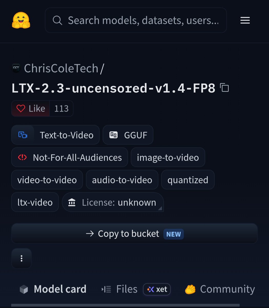 dablxmen's tweet photo. FOUND ANOTHER UNCENSORED LOCAL VIDEO MODEL

NO RESTRICTIONS TO GENERATE ADULT CONTENT 💀

LTX 2.3 Uncensored:

• 22B parameters
• text to video
• image to video
• runs locally with ComfyUI
• Q4_K_M is around 14GB

HOW TO USE:

model:
https://t.co/y3xduklbcA

1. install ComfyUI
2. install the required GGUF loader
3. download the model + required files
4. load the included workflow
5. add your prompt and generate