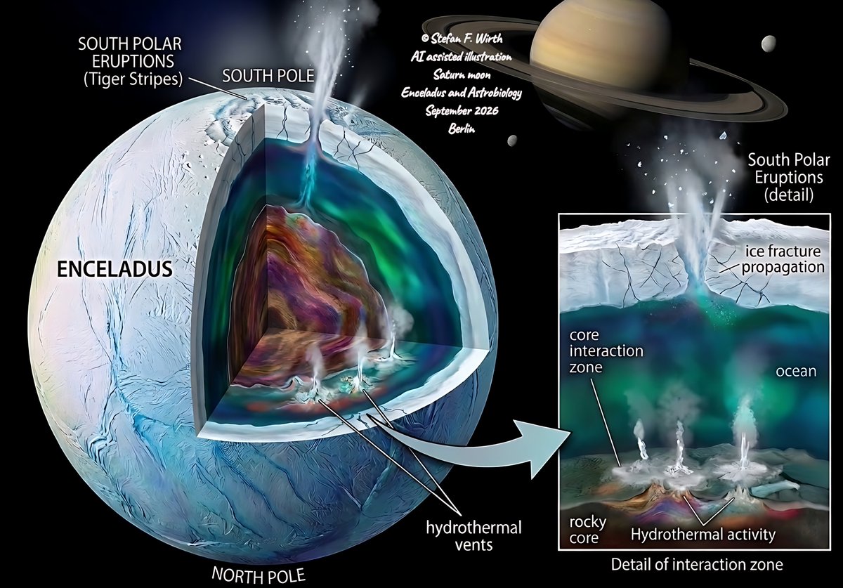 wirthstef's tweet photo. New #research findings demonstrate that prokaryotic Earth #Archaea could likely survive on #Saturn's #moon #Enceladus.
And about why Enceladus compared to other Jupiter and Saturn moons is the best candidate for #extraterrestrial primitive #life forms.
Saturn's moon Enceladus is considered the most promising celestial body in our solar system for the potential existence of (primitive) life. Other known candidates include Saturn's moon #Titan and #Jupiter's moon #Europa. What makes Enceladus so special? For one thing, it is better suited for scientific sampling than the other two moons. While all three share the characteristic of having oceans located deep beneath their surfaces, only Enceladus offers particularly easy access for sampling and analysis by human-made instruments: at its south pole, massive #geysers (area known as "#TigerStripes") continuously spew #oceanwater kilometers into space. A space probe could fly past and collect particles from these giant plumes, effectively gaining unobstructed access to the ocean lying beneath the ice shell.
Titan and Enceladus are significantly more favorable than Europa.
However, these moons differ in other parameters regarding their habitability for (primitive) life forms. In the case of Titan, the liquid water ocean lies at such a #greatdepth, approximately 100 to 400 kilometers beneath the surface, that immense #pressure is exerted on the water; this is compounded by the moon's colossal size, as it is nearly as large as the planet Mars. Consequently, despite the heat prevailing at those depths, the ocean water freezes in places into what is known as #highpressureice. Much of the ocean is thus effectively "sandwiched" between layers of ice, surrounded from above and partly from below, and may therefore be largely isolated from the chemical processes biochemically necessary for primitive life.
Unlike the other two moons Enceladus meets many of the conditions that contributed to the evolution of life on Earth: it is highly #alkaline (pH 9–11) and maintains continuous contact with the #rockycore, allowing #hydrothermal #reactions (such as #serpentinization) to occur throughout. Moreover, compared to the others, it is the only ocean known to contain dissolved #phosphate, a crucial building block for biological #membranes. Finally, complex #macromolecules, such as #aminoacid #precursors and #cycliccompounds, have so far been detected only in the ocean of Enceladus, while #methane was found as anothee organic source, which is for example also present on Titan's surface.
V. Helmbrecht et al. (2026) recreated the ocean conditions found on Enceladus for an experiment using terrestrial primordial-type #Archaea: an oxygen level 10,000 times lower than that of Earth's atmosphere, highly alkaline pH levels, and contact with rocky material. Under these #simulated #Enceladusocean conditions, the researchers tested the Archaeon #Methanothermococcus #okinawensis (#Methanobacteriia, Archaea) to see if it could survive there. The experiment was a complete success; the primordial-type prokaryotic organism thrived, specifically, in the absence of both sunlight and oxygen. This is because the bacterium employs a method of energy production considered primitive on Earth: #methanogenesis.
© #StefanFWirth, September 2026, Berlin
Please support my science communication: ko-fi 👇 Link see my first answer
reference:
V. Helmbrecht et al. (2026)
DOI: 10.1126/sciadv.aei0167 👇 Link see my first answer
#Illustration:
© Stefan F. Wirth, AI assisted artistic Illustration, based on my hand-drawn sketches: Enceladus, core, ocean, ice shield
#Figure:
Mineral precipitates and viable cells in Enceladus #simulantexperiments.
(D) #Fluorescencemicroscopy image of intact M. okinawensis cells (blue) in the Enceladus simulant after 48 hours.
By V. Helmbrecht et al. (2026), licensed under creative commons Attribution NonCommercial License 4.0 (CC BY-NC)., 👇 Link see my first answer