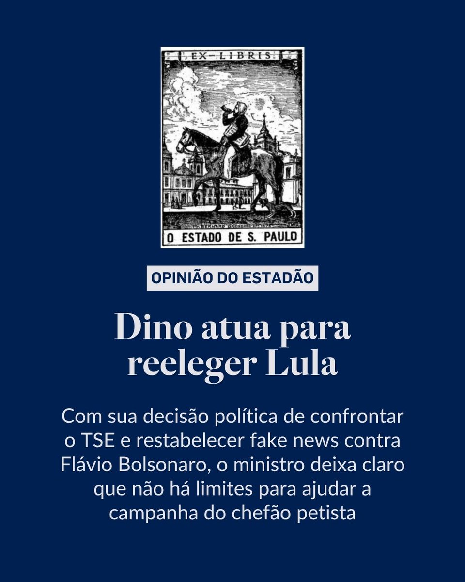 Estadao's tweet photo. EDITORIAL | Dino atua para reeleger Lula – “Dino atropelou competências de maneira monocrática e atuou de forma escancarada como militante da campanha à reeleição do presidente Lula”. Leia o texto completo em https://t.co/jrsAOQaF5B https://t.co/GSE20oYlRH