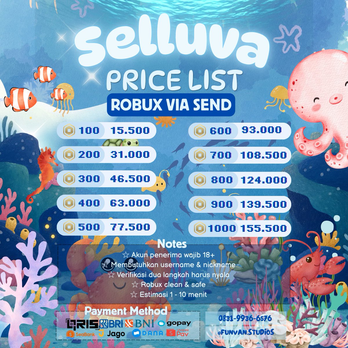 selluva_'s tweet photo. 🎮 ━━━ WTS ROBUX VIA SEND ━━━ 🕹️

​[ rate 1r : 155 rupiah ]

✦ clean 100% akun pribadi
✦ no minimum order, eceran welcome!
✦ proof &amp; testimonial check pinned

direct DM atau chat WA (https://t.co/MLtKFmxYZ4)

​t. wts wtb robux visend murah trusted #zonauang https://t.co/1bUBFWfgb7
