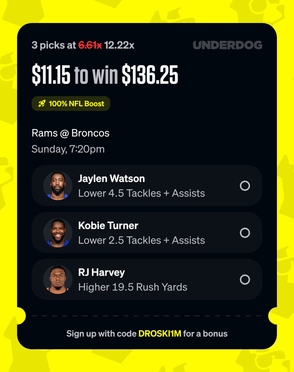 bfordoubleb's tweet photo. 100% NFL Boost slip 🚀

Underdog is offering the best price @ +103 for Kobie to stay u2.5 T+A...

Books like DraftKings is favoring the Under for Jaylen to stay Under. Different positions on Defense out of Jaylen &amp; Kobie:

Link in comments to tail ⬇️ https://t.co/tDzZbCcwnq
