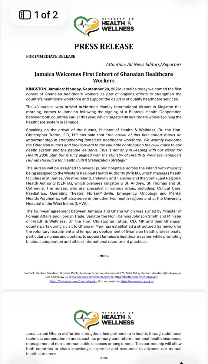 christufton's tweet photo. 🗣️: Jamaica Welcomes Ghanaian specialist nurses for deployment in public health system. https://t.co/3HvqUlISnJ