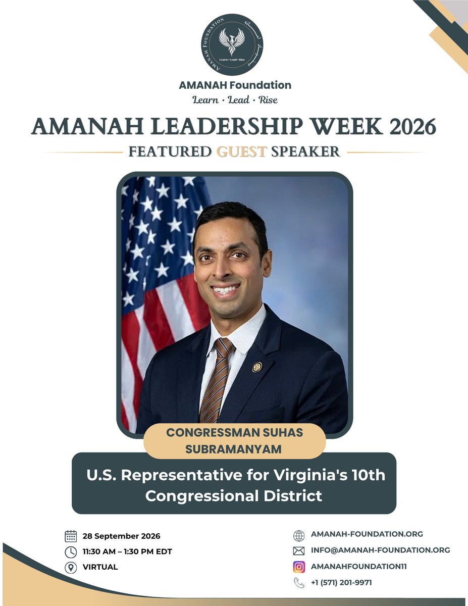 AmanahFoundatio's tweet photo. We are honored to welcome Representative Suhas Subramanyam, who proudly represents Virginia's 10th Congressional District, as a featured guest speaker for Amanah Leadership Week
2026 - Cohort 3. https://t.co/O4vxk30YYb