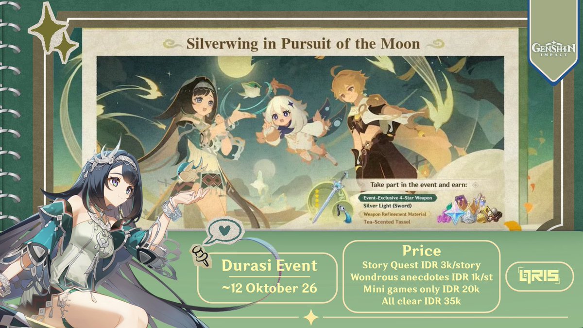 nandemorax's tweet photo. OPEN JOKI EVENT GENSHIN "Silverwing in Pursuit of the Moon"!   
Jangan lupa selama bulan September, Nandemoya mengadakan DISKON 30% khusus untuk minimal pembelian Rp50.000! Cuss bisa langsung dm for order #zonauang #jokigenshin #bealanjaㅤ https://t.co/VMR1q1Uslp