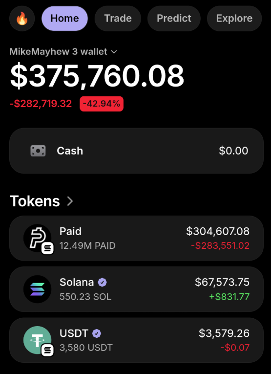 mikemayhew's tweet photo. This doesn't look good bros 😢

I'm down 283,000 $ today on $PAID 
i continued buying as it was falling down because I believe in it and now im one of the top holders.

i will give 10,000$ to someone from the comments if it goes back just 20% (im being for real im down bad)

just comment wallets and please go back🙏🙏