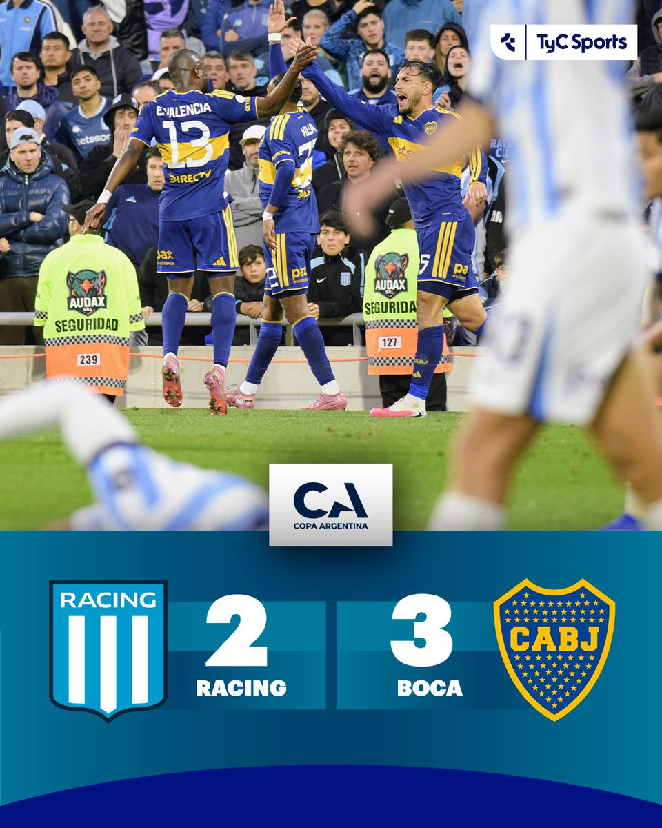 TyCSports's tweet photo. 🇦🇷🏆 ¡AGÓNICA REMONTADA DEL XENEIZE!

Gracias al Hat-Trick de Enner Valencia, Boca venció por 3-2 a Racing y avanzó a las semifinales de la #CopaArgentinaEnTyCSports. Lodico y Maravilla Martínez anotaron los tantos para la Academia.
En la próxima ronda, el conjunto de la Ribera se medirá ante Banfield.
