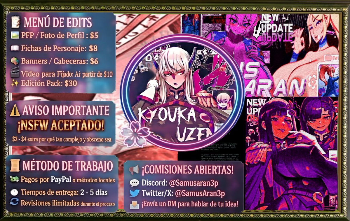 SamusAran3p's tweet photo. ⛓️: bueno mis seguidores, lo decidí voy a abrir comisiones para edits, ya sea pfp, banners, fichas de personajes videos para fijados y así, la información está en la imagen junto con los precios, para conversar vayan a mi MD... Lo sé no soy buena publicitando estás cosas https://t.co/13RTlqMEJB