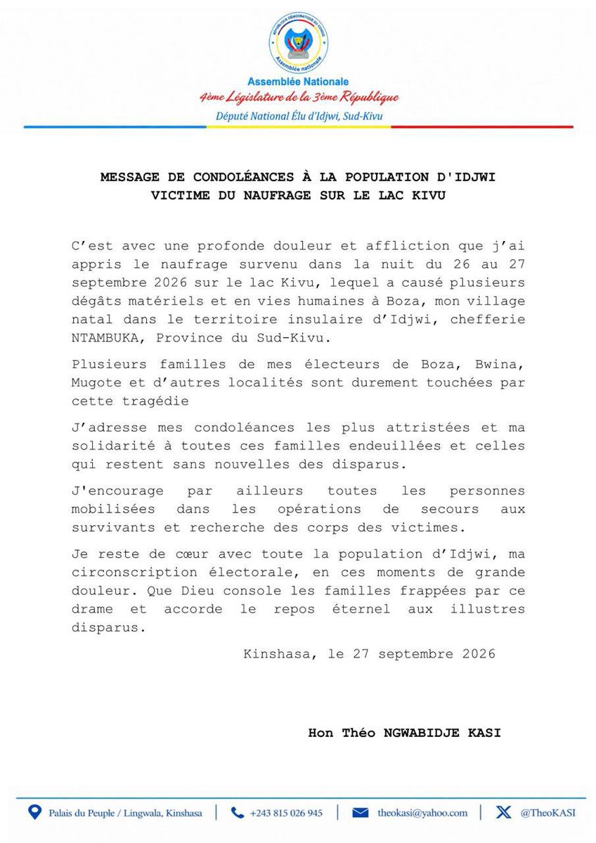 gloiremurhigisi's tweet photo. NAUFRAGE SUR LE LAC KIVU 🤦🏽♂️
#RDC #SUDKIVU #IDJWI
+32 corps sur le 85 personnes dans bateau. La population attend d'autres corps qui vont sortir du lac.
L’honorable @TheoKASI Ngwabidje présente ses condoléances aux familles touchées par les récents événements tragiques survenus dans son Idjwi natal.