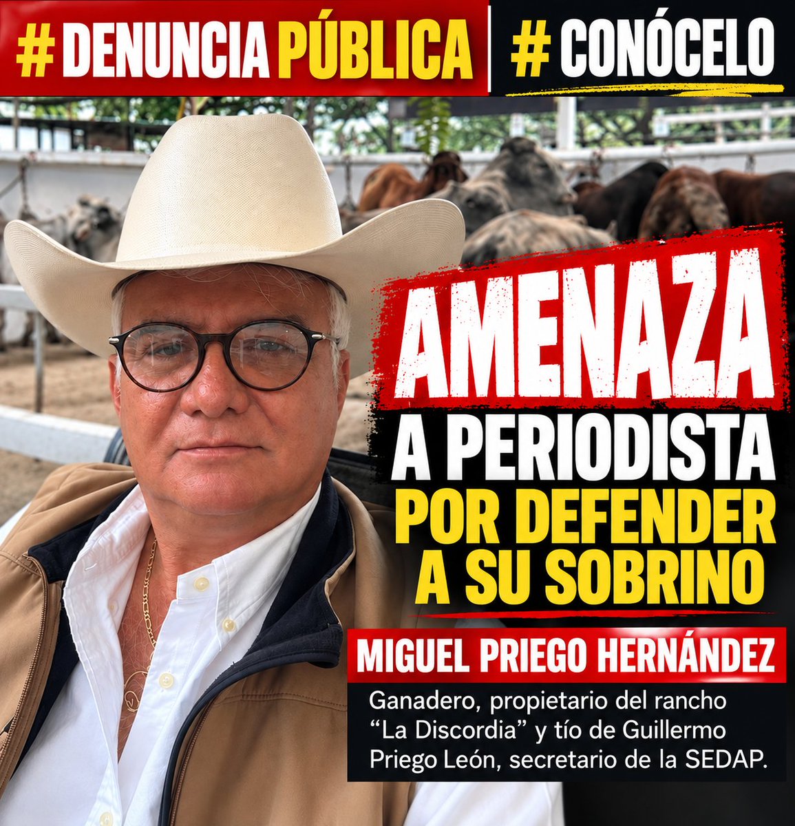 audelinomacario's tweet photo. En #Tabasco, hacer periodismo es cada vez más una actividad de alto riesgo...

El tío de un funcionario del gabinete de Javier May me amenaza: “Te he de encontrar algún día en la calle… y me lo vas a repetir. Quedas advertido”, escribió públicamente en mis redes sociales.
Ocurrió después de que publiqué la denuncia de trabajadores de la @sedaptab, quienes temen represalias por no haber asistido al acto encabezado por la presidenta Claudia Sheinbaum el viernes pasado.
Se trata de Miguel Priego Hernández, dirigente de la "Asociación de Criadores de Ganado Simmental Simbra en el Sureste" y tío del secretario de la SEDAP, Guillermo Priego León. 
En su mensaje sostiene que su sobrino es el mejor secretario que ha pasado por esa dependencia y que cuestionarlo es meterme “con su familia”. 
No. Investigar a un funcionario público, escuchar a sus trabajadores y publicar sus denuncias, no es meterse con su familia. Es hacer periodismo.
@article19mxca @CNDH @ONUDHmexico