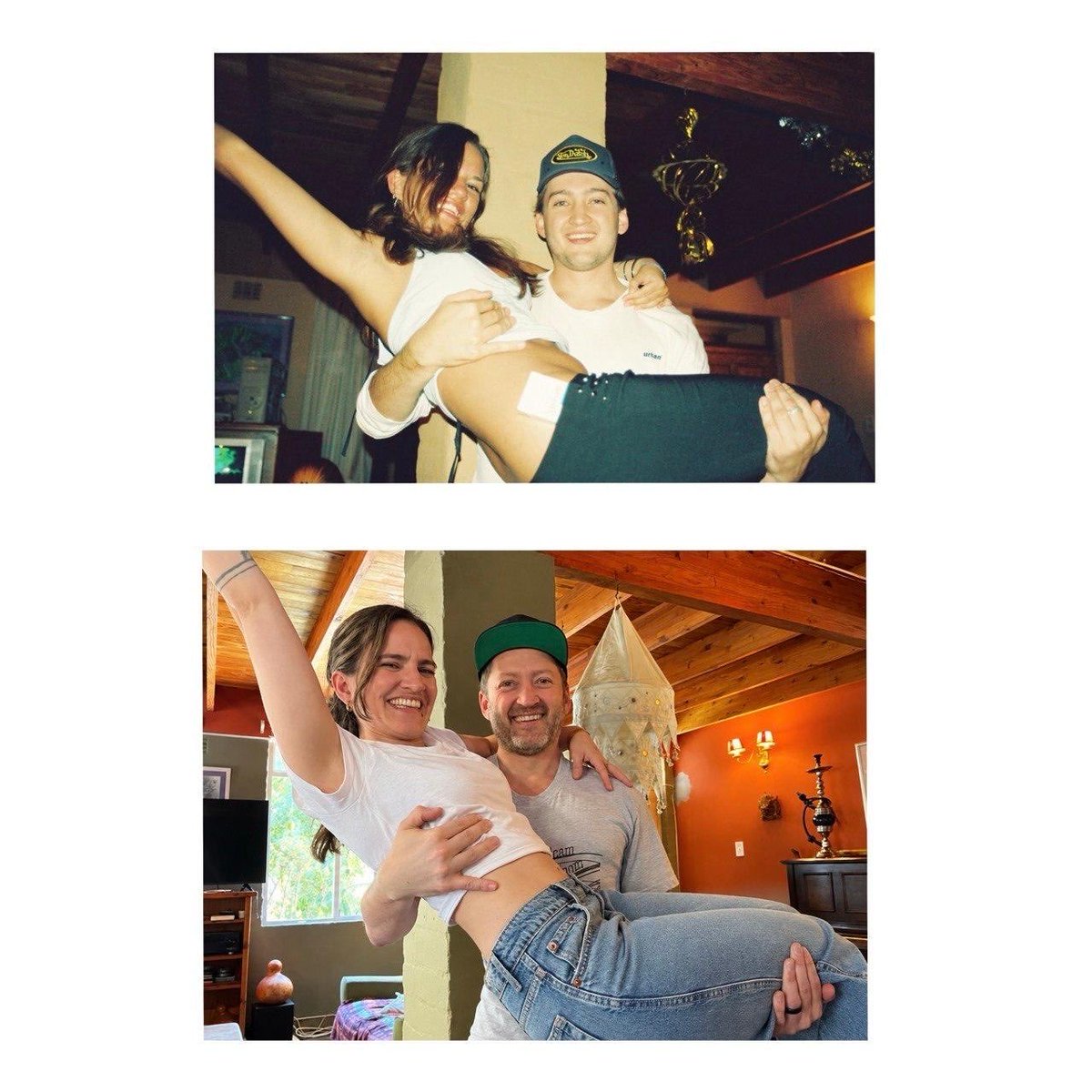 ruark's tweet photo. Almost 23 years ago my wife and I randomly met at a NYE party in Hout Bay.

There was one photo we knew we posed for together but the disposable cameras film was lost… until a friends mother in IRELAND was cleaning out her attic and found it in an old box. 

Today we recreated the pic