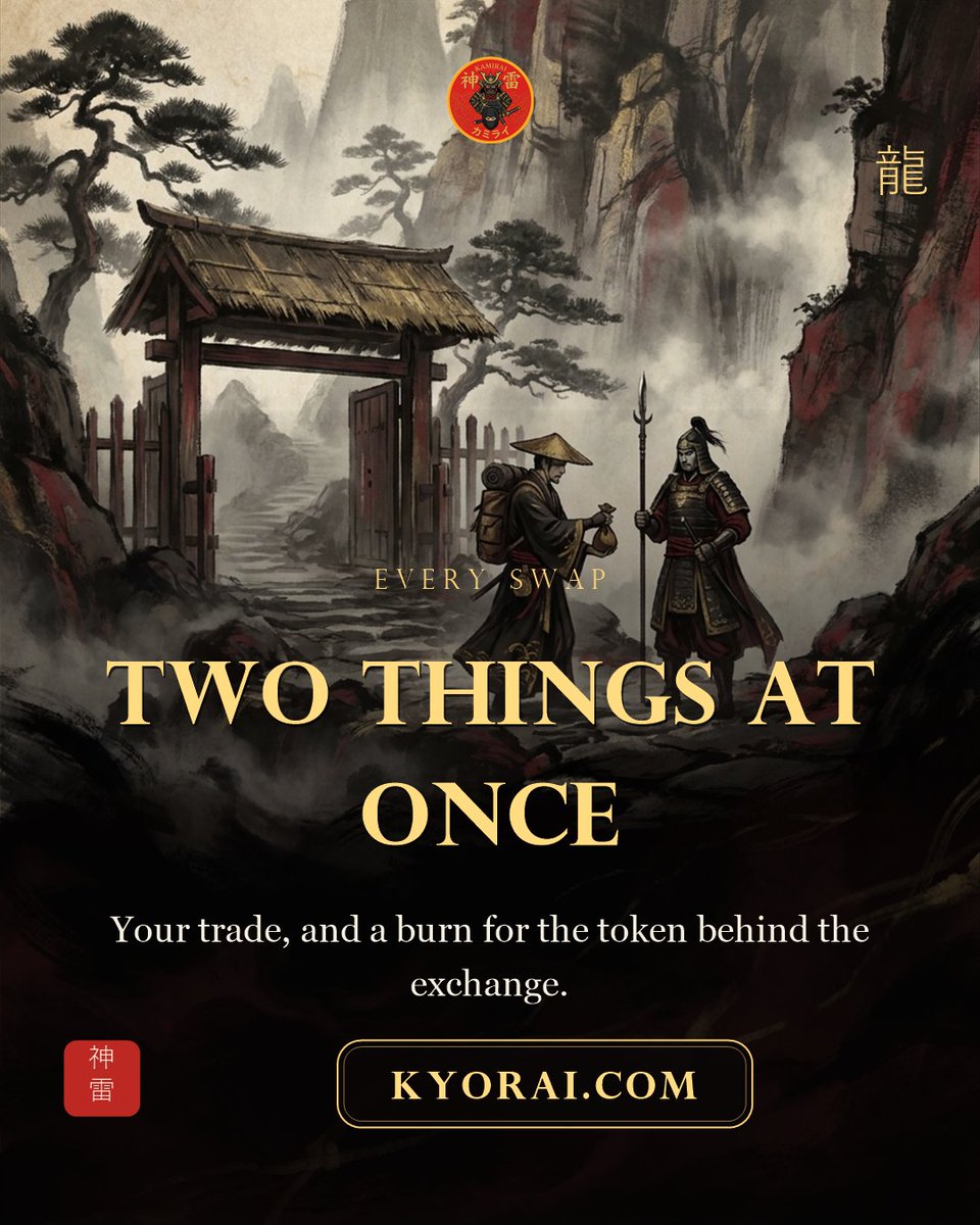 KamiraiOfficial's tweet photo. Every swap on Kyorai does two things.

First, obviously, it moves your tokens at the best price it can find across the venues. Second, and less obviously: a share of the fee it charges goes to the open market to buy KAMIRAI, which is then sent to the dead wallet and burned.

Traders get execution. Holders get a shrinking float. Both sides of the same swap.

https://t.co/xfT5F0wVsy
