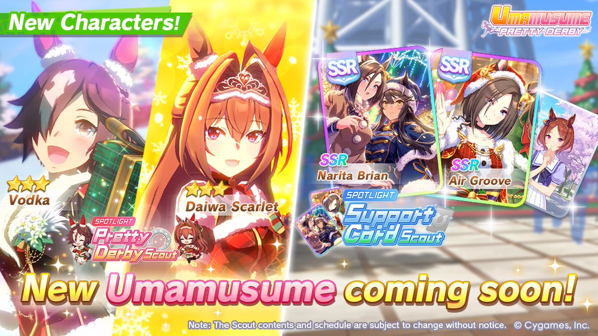 umamusume_eng's tweet photo. 📢 New characters are on their way to debut on Sep 28 (UTC):

🥕 3★ Vodka and 3★ Daiwa Scarlet will appear in the Pretty Derby Scout!
🤝 SSR Narita Brian and SSR Air Groove will appear in the Support Card Scout!

#Umamusume https://t.co/LKsyeeHIQo