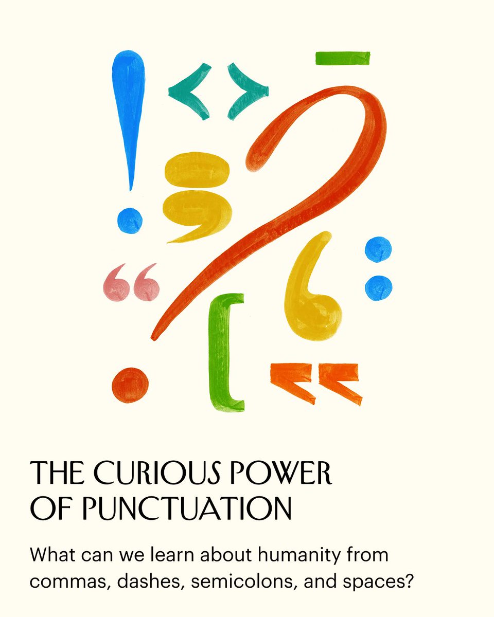 NewYorker's tweet photo. “The purpose of punctuation is to make writing easier to read,” Louis Menand writes, “and making writing easier to read means giving greater and greater numbers of people access to the written word.” A new book by Florence Hazrat, celebrating punctuation in all its forms, makes the striking claim that the history of punctuation is the history of humanity itself. It has entered into a class of books about the mechanics of writing—to which Sarah L. Kaufman’s “Verb Your Enthusiasm” belongs. But how do we think about these sentences, words, and marks amid a current evolution in the phenomenology of reading? Authors like Hazrat and Kaufman want us to understand reading as a bodily experience, one which can transmit an author’s state of mind, or set of emotions, to our own. Menand considers the strange power of, among other things, punctuation: https://t.co/CSxml48kTB