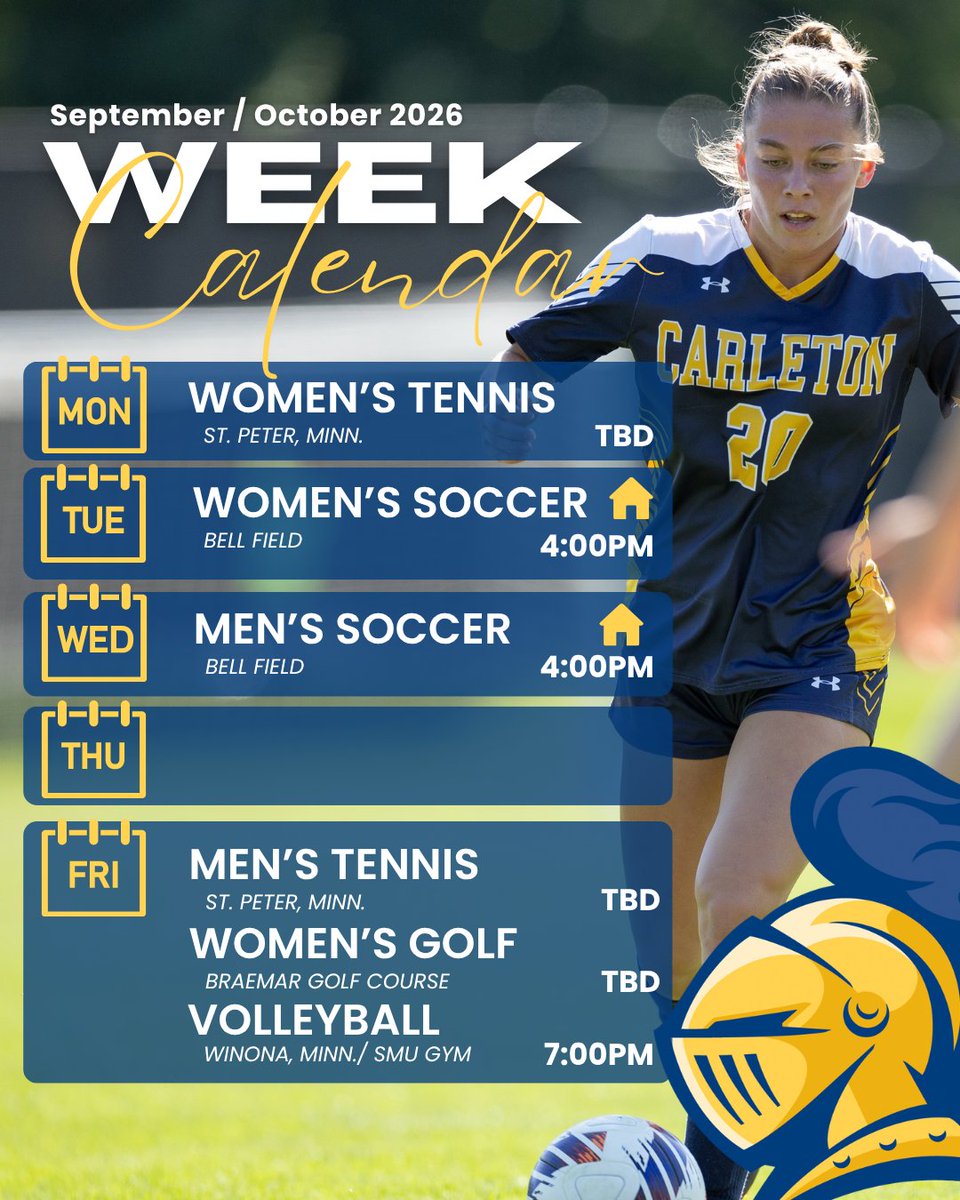 CarletonKnights's tweet photo. Weekday Schedule Drop! Show up and show out for your Carleton Knights this week! ππ
#CarletonKnights #GoKnights #CarletonCollege #D3Sports #CollegeAthletics #MIAC #GameDay #SupportTheKnights #KnightPride #StudentAthletes #ThisWeek #LetsGoKnights #CarletonProud #WomenInSports https://t.co/f5ZgMcoy5A
