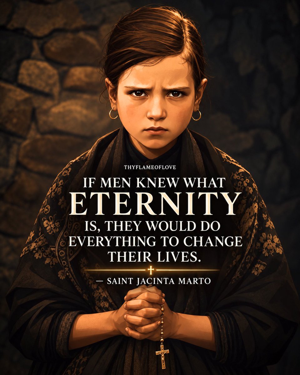 thyflameoflove's tweet photo. One day, this life will end. The only question is where your soul will spend forever... ⤵️

Saint Jacinta Marto learned this when she was still just a child.

In 1917, Jacinta, her brother Francisco, and their cousin Lúcia witnessed the apparitions of Our Lady at Fátima. During one apparition, the children were shown a terrifying vision of Hell.

Jacinta never forgot it.

She began praying more. She offered sacrifices for sinners. She became deeply concerned for souls who were far from God.

Later, she said:
→ “If men knew what eternity is, they would do everything to change their lives.”

She understood something we can easily forget.

This life is short. Eternity is not.

We spend years planning our careers, saving money, chasing comfort, and preparing for the future. But how much time do we spend preparing our souls to meet God?

Jesus warned us to repent, stay awake, and care more about saving our souls than gaining the whole world.

Jacinta was not trying to make people live in fear. She wanted them to wake up while there was still time to turn back to God.

💬 Be completely honest: if God showed you today where your current path was leading, what is the FIRST thing you would change?