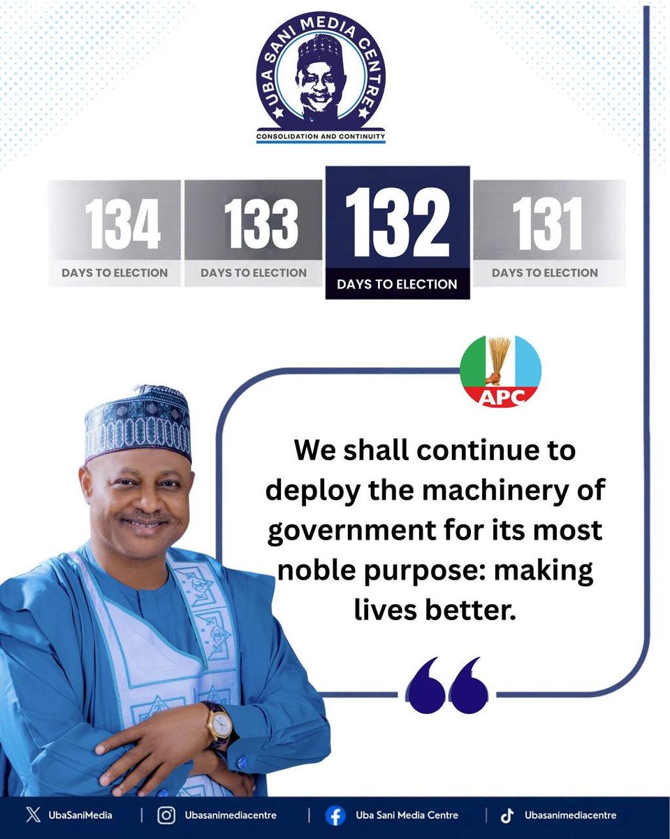 UbaSaniMedia_'s tweet photo. 132 days to go.

Governor @ubasanius's message is simply ensuring that government must work for the people, and the work must continue.

From projects and reforms to everyday support for citizens, the focus is on building on what has been started and making Kaduna better for everyone.

Uba Sani — Consolidation. Continuity. A Greater Kaduna.

#UbaSani2027
