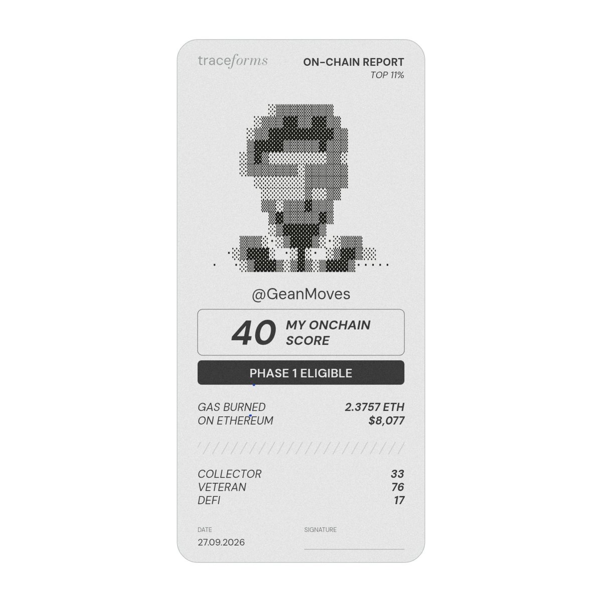 GeanMoves's tweet photo. Just got my onchain report from @traceforms.

My score is 40/100 and i’m eligible for phase 1.

Mint is tomorrow at 3:00 PM UTC. https://t.co/wnNFnglGQR