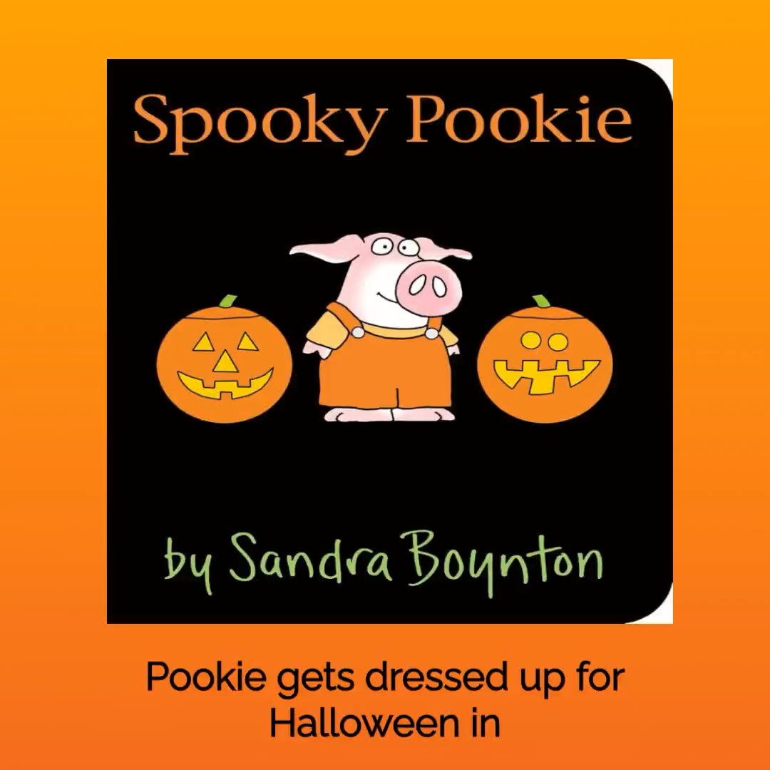 The cover of the children's board book 'Spooky Pookie' by Sandra Boynton, featuring a cartoon pig in orange overalls between two jack-o'-lanterns on a black background with orange trim, with caption text 'Pookie gets dressed up for Halloween in'.