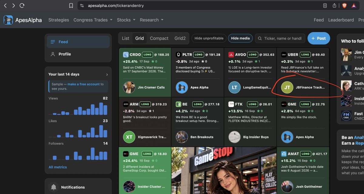 ApesAlphaHQ's tweet photo. @jbfinancebull Bro isn't just saying "hmm looks interesting" about $UBER.

He put his stake in the ground with an official Apes call:

LONG $UBER @ 69.40 Sep 24 12:53pm ET.

This will surface green on Apes user's feeds if $UBER performs and they'll find his newsletter looking for his next call. https://t.co/tR9zbXka4M