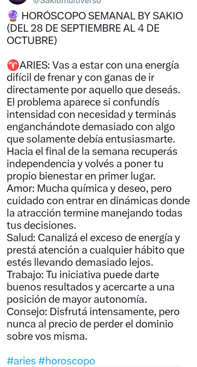 Juan_A_Llorente's tweet photo. #Aries ♈ #HoróscopoSemanal
📅 #Lunes #28Septiembre
#Martes #29Septiembre
#Miércoles #30Septiembte
#Jueves #1Octubre
#Viernes #2Octubre
#Sábado #3Octubre
#Domingo #4Octubre
💻 Fuente: @Sakiomultiverso https://t.co/31gOZwH4Uf