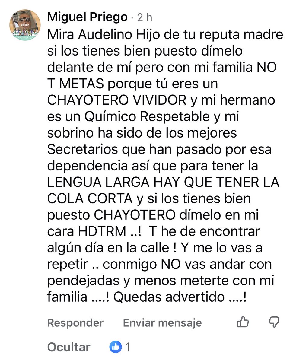 audelinomacario's tweet photo. En #Tabasco, hacer periodismo es cada vez más una actividad de alto riesgo...

El tío de un funcionario del gabinete de Javier May me amenaza: “Te he de encontrar algún día en la calle… y me lo vas a repetir. Quedas advertido”, escribió públicamente en mis redes sociales.
Ocurrió después de que publiqué la denuncia de trabajadores de la @sedaptab, quienes temen represalias por no haber asistido al acto encabezado por la presidenta Claudia Sheinbaum el viernes pasado.
Se trata de Miguel Priego Hernández, dirigente de la "Asociación de Criadores de Ganado Simmental Simbra en el Sureste" y tío del secretario de la SEDAP, Guillermo Priego León. 
En su mensaje sostiene que su sobrino es el mejor secretario que ha pasado por esa dependencia y que cuestionarlo es meterme “con su familia”. 
No. Investigar a un funcionario público, escuchar a sus trabajadores y publicar sus denuncias, no es meterse con su familia. Es hacer periodismo.
@article19mxca @CNDH @ONUDHmexico