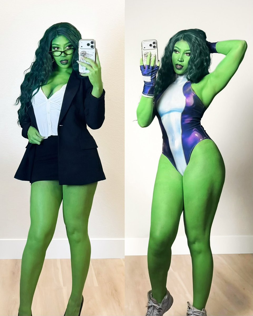 frizzyimposter's tweet photo. More of my She-Hulk cosplay! Which look is your fav? https://t.co/5xLDFQkgM5