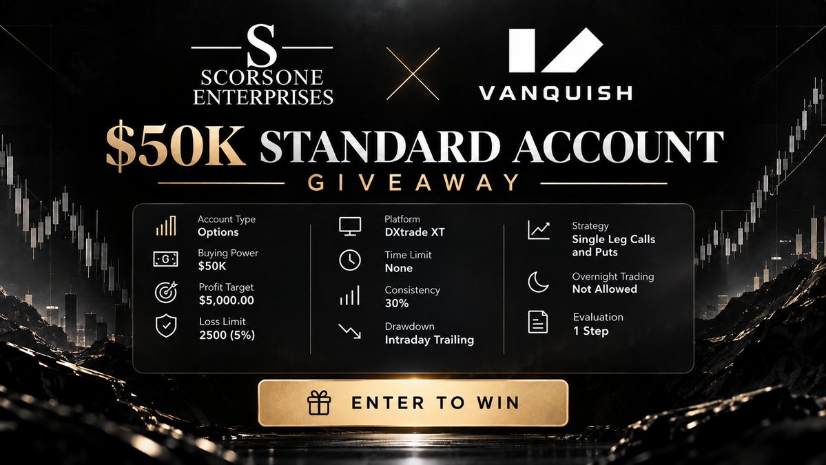 ScorEnterprises's tweet photo. GIVEAWAY TIME!

Vanquish and I are giving away a 50k Standard options account!

The rules are easy!
- Like this post
- Follow @VanquishTrader 
- Follow me @ScorEnterprises 

That's it! Winner will be announced October 9th!

Use code QUHD in the meantime! https://t.co/WWTQCoviTg