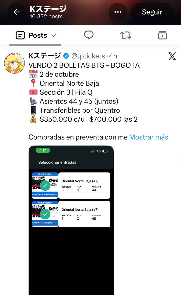 valac___'s tweet photo. Todos los estafadores ofrecen la misma boleta. 👀

Oriental Norte Baja Sección 3 Fila Q Asiento 44/45. 

Tengan cuidado! 

#BTS #BTS_ARİRANG_BOGOTA #BTSBogota https://t.co/l0WSOsCgob