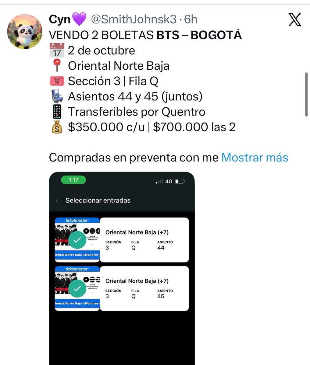 valac___'s tweet photo. Todos los estafadores ofrecen la misma boleta. 👀

Oriental Norte Baja Sección 3 Fila Q Asiento 44/45. 

Tengan cuidado! 

#BTS #BTS_ARİRANG_BOGOTA #BTSBogota https://t.co/l0WSOsCgob