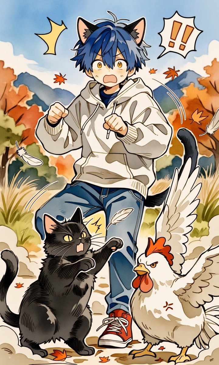 nyan5usa's tweet photo. ニワトリの日🐔🐈‍⬛ 
ケンカだめ！仲良くしてっ！！

#猫耳銀河 https://t.co/JwrywyED2k