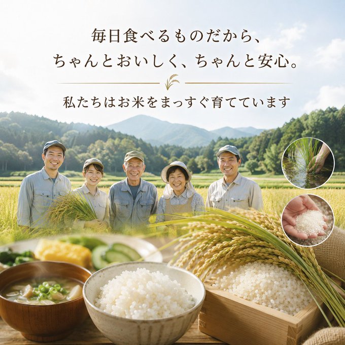 A Japanese advertisement with text '毎日食べるものだから、ちゃんとおいしく、ちゃんと安心。' showing smiling rice farmers in a field with rice dishes displayed in the foreground.