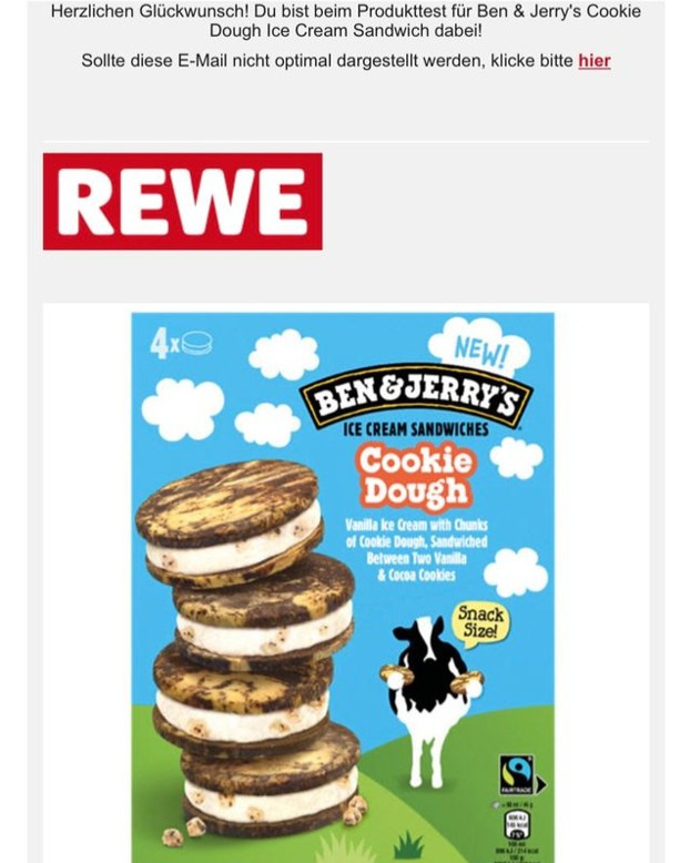 Clonedark's tweet photo. Unbezahlte Werbung: Ich darf etwas Neues von Ben &amp; Jerry’s testen: cremiges Vanilleeis mit Cookie-Dough-Stückchen zwischen zwei Cookies. Klingt gefährlich lecker! Nach der Arbeit geht’s zu @rewe_doering. Gratis erhalten, ehrlich bewertet. https://t.co/4zhRTxuIk8