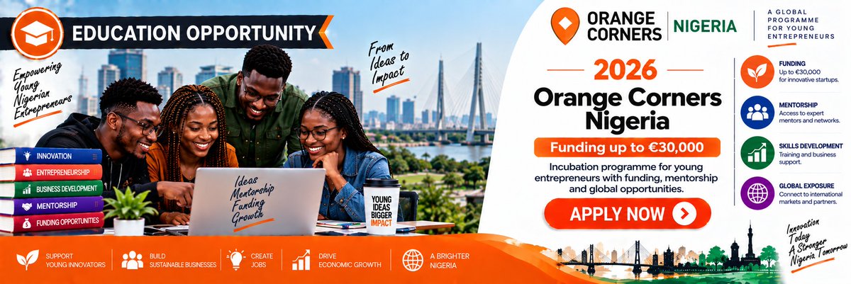 JakParGuide's tweet photo. Learn about the Orange Corners Nigeria Incubation Programme, its benefits, eligibility, and application details for young entrepreneurs. https://t.co/wArWXITx2P #Jakpar #StudyAbroad #Scholarships #OrangeCornersNigeria #IncubationProgramme via @jakparguide https://t.co/4etFjy326p