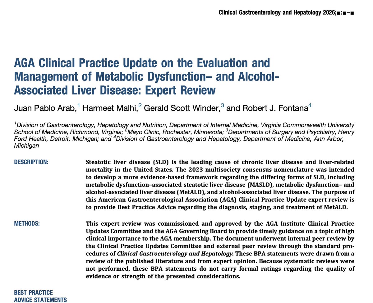 juanpabloarab's tweet photo. Pleased to share our AGA Clinical Practice Update on #MetALD: 9 best practice advice statements on diagnosis, fibrosis assessment, and management. Addressing metabolic risk and alcohol use together is central to care. @AGA_CGH 
https://t.co/aaoFLXTTOA https://t.co/UmRIwvXqG5