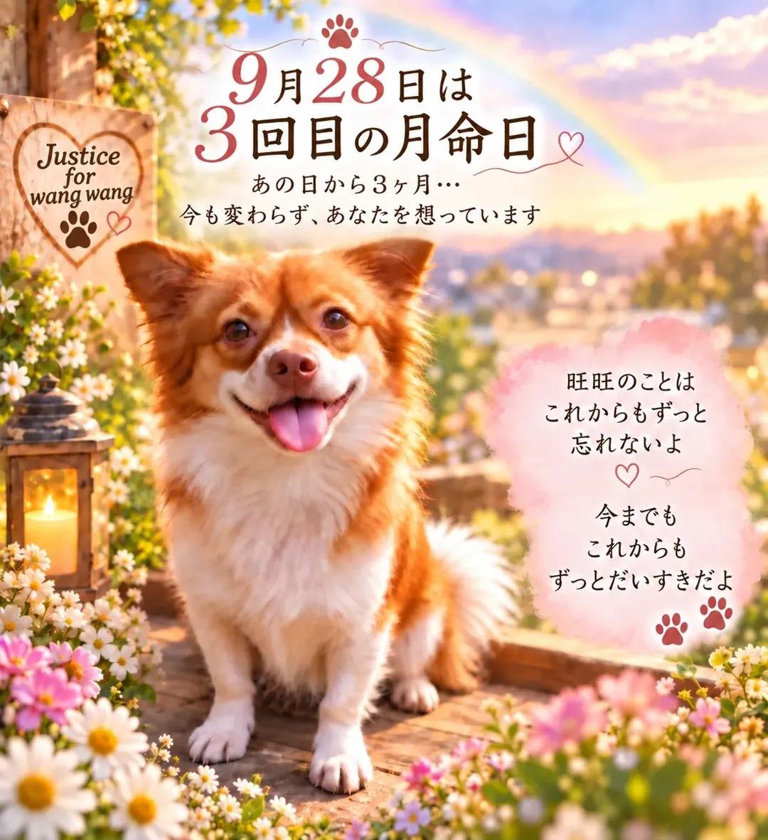 mue38185755's tweet photo. 今日は　旺旺ファミリーの3回目の月命日
また　新たに　誓う
#JusticeForWangwamg https://t.co/5tuqAUVkbv