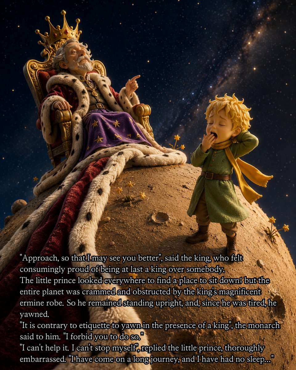 WinstonNedhbj's tweet photo. Come closer, so I can see you better, ” said the king, immensely proud to finally be someone’s king. The Little Prince stood because the planet was covered by the king’s magnificent ermine robe. Tired, he yawned. “You must not yawn before a king. ” https://t.co/QhjAj5Twc2