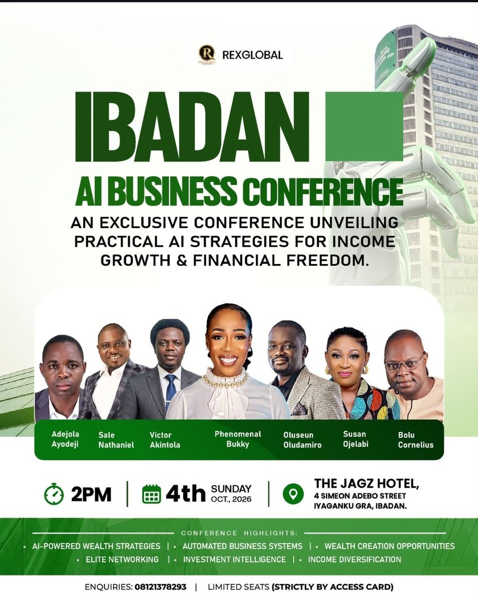 IbadanFinds's tweet photo. THE BIGGEST THREAT TO YOUR FINANCIAL FREEDOM IS
NOT THE ECONOMY, IT IS WHAT YOU DON'T KNOW

i7 Sunday, 4th of October, 2026
2pm
The Jagz Hotel, 4 Simeon Adebo Street lyaganku GRA,
lbadan. https://t.co/3ydPy85px4