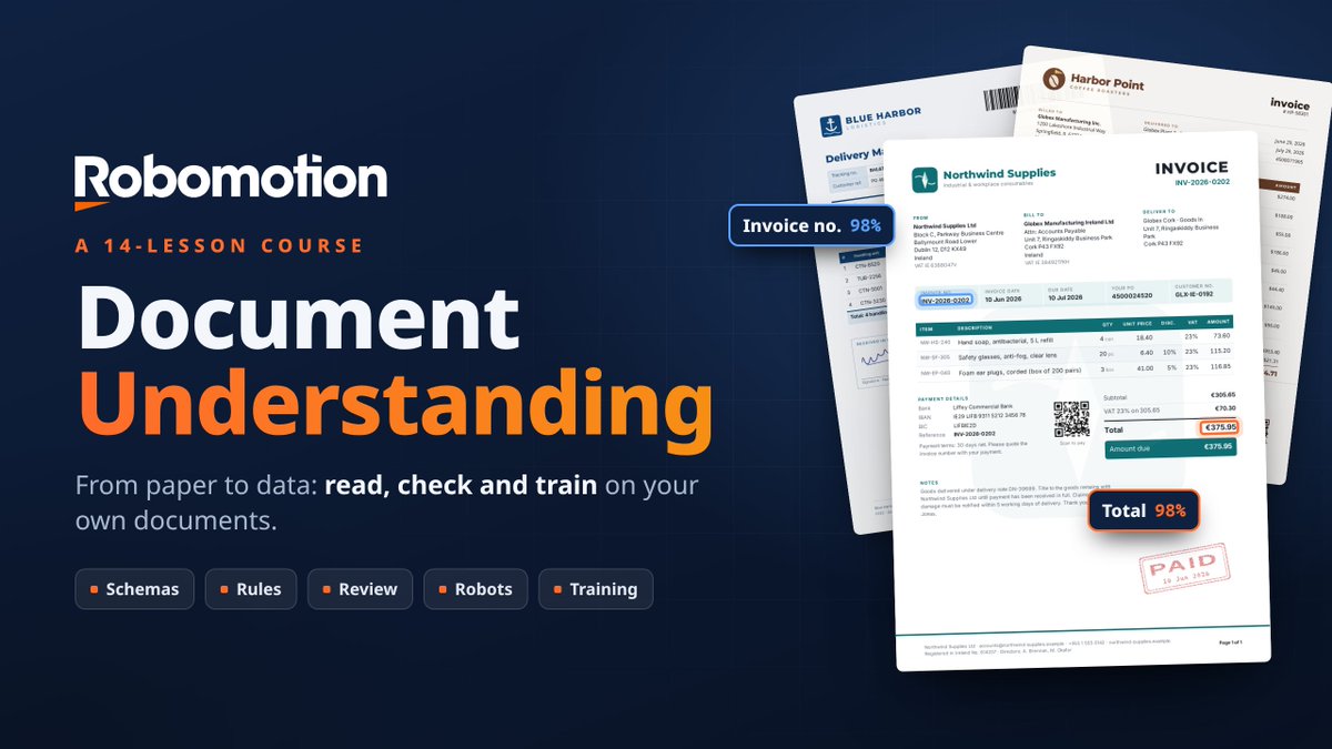 robomotionio's tweet photo. Robomotion 𝗗𝗼𝗰𝘂𝗺𝗲𝗻𝘁 𝗨𝗻𝗱𝗲𝗿𝘀𝘁𝗮𝗻𝗱𝗶𝗻𝗴 from zero to production 👇
​
We just published a complete Robomotion Document Understanding course:
​
From PDFs and photos → structured data → validation → human review → automation → measurement → training.
​
1/ Turn Any Document into Data
https://t.co/9PWecMZZzy
​
2/ Machines, GPUs and Models
https://t.co/21XXCMh0fL
​
3/ Read Your First Invoice in 5 Minutes
https://t.co/bwACgPBf3h
​
4/ Let AI Draft the Schema
https://t.co/FdcJqK6Jj1
​
5/ Designing a Great Schema
https://t.co/PV65wmfRav
​
6/ Business Rules That Catch Mistakes
https://t.co/82DazrKcND
​
7/ Process Documents in Bulk
https://t.co/R5oFQVBfVs
​
8/ Human in the Loop: Validation Station
https://t.co/2iP8vw8sOE
​
9/ Drafts, Publishing and Versions
https://t.co/5p32ujseDb
​
10/ Use Document Understanding in a Flow
https://t.co/KFVaZTqFbr
​
11/ Measure Accuracy and Tune Confidence
https://t.co/xBQr0nlg7G
​
12/ Monitor Production
https://t.co/M7wCcVsIUA
​
13/ Train a Model on Your Own Documents
https://t.co/et1LrZcmHQ
​
14/ Team Setup: Shared Machines, Reviewers and Data Policy
https://t.co/MfHwXaPu4H
​
Full course:
https://t.co/X7VxZwbDKT
​
It covers the full Document Understanding lifecycle, not just OCR, and processing can run on your own machines.

#Robomotion #DocumentUnderstanding #RPA #IDP #Automation