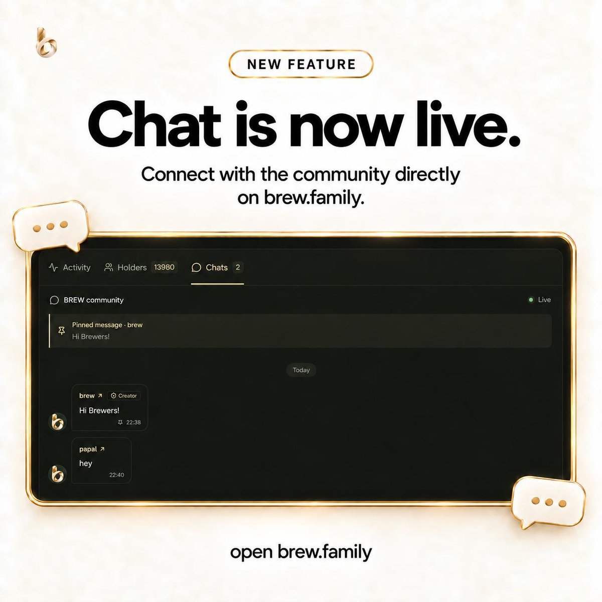 brewdotfamily's tweet photo. A new way to connect on Brew Launchpad. 💬

You can now chat with fellow holders of the tokens you own, directly on https://t.co/YIUzawHJRF.

Simply open https://t.co/YIUzawHJRF, connect the wallet holding your token to verify ownership, and visit the token’s profile to join the chat.

Meet other holders, share ideas, and keep the conversation going.