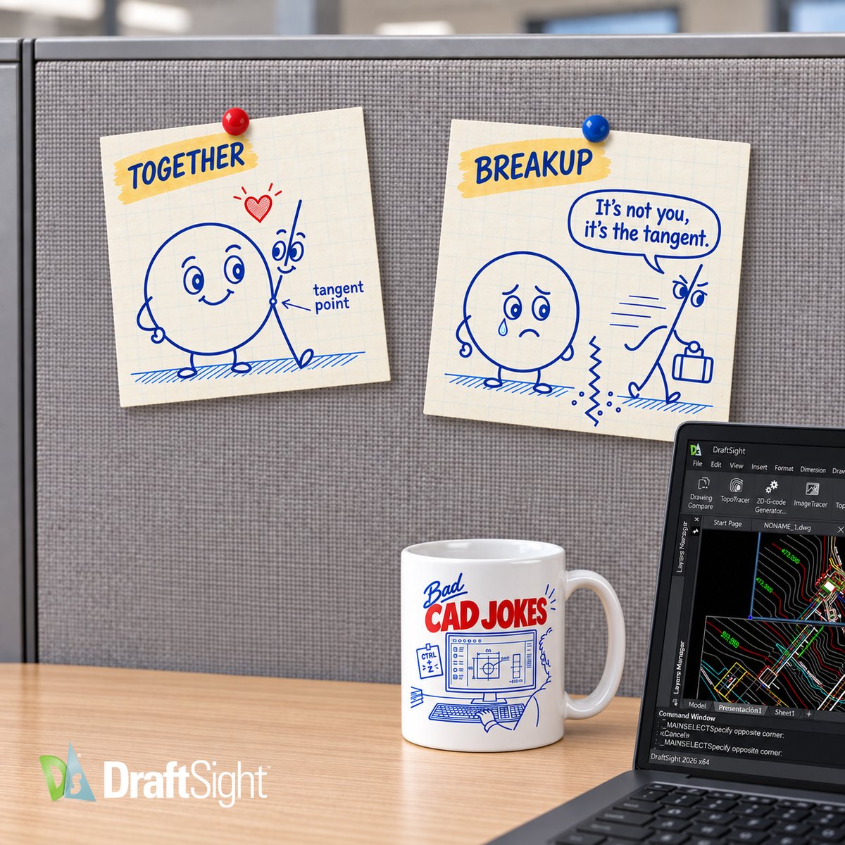 DraftSight's tweet photo. Introducing Bad CAD Jokes from DraftSight. First up: Why did the circle breakup with the line? Too much tangent drama.💔 https://t.co/UKfNhn8WBR