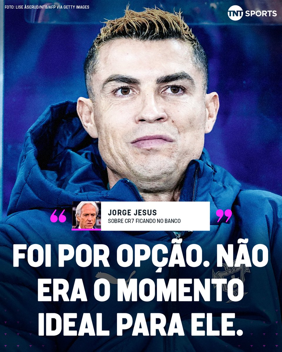 TNTSportsBR's tweet photo. AGORA TÁ TUDO EXPLICADO! ⚠️👀 Depois da vitória de Portugal sobre a Noruega, Jorge Jesus contou o motivo de ter deixado Cristiano Ronaldo NO BANCO ao longo de toda a partida... ❌🪑

Crédito: RTP

#MFM #NationsLeague https://t.co/EFf4WskUk7