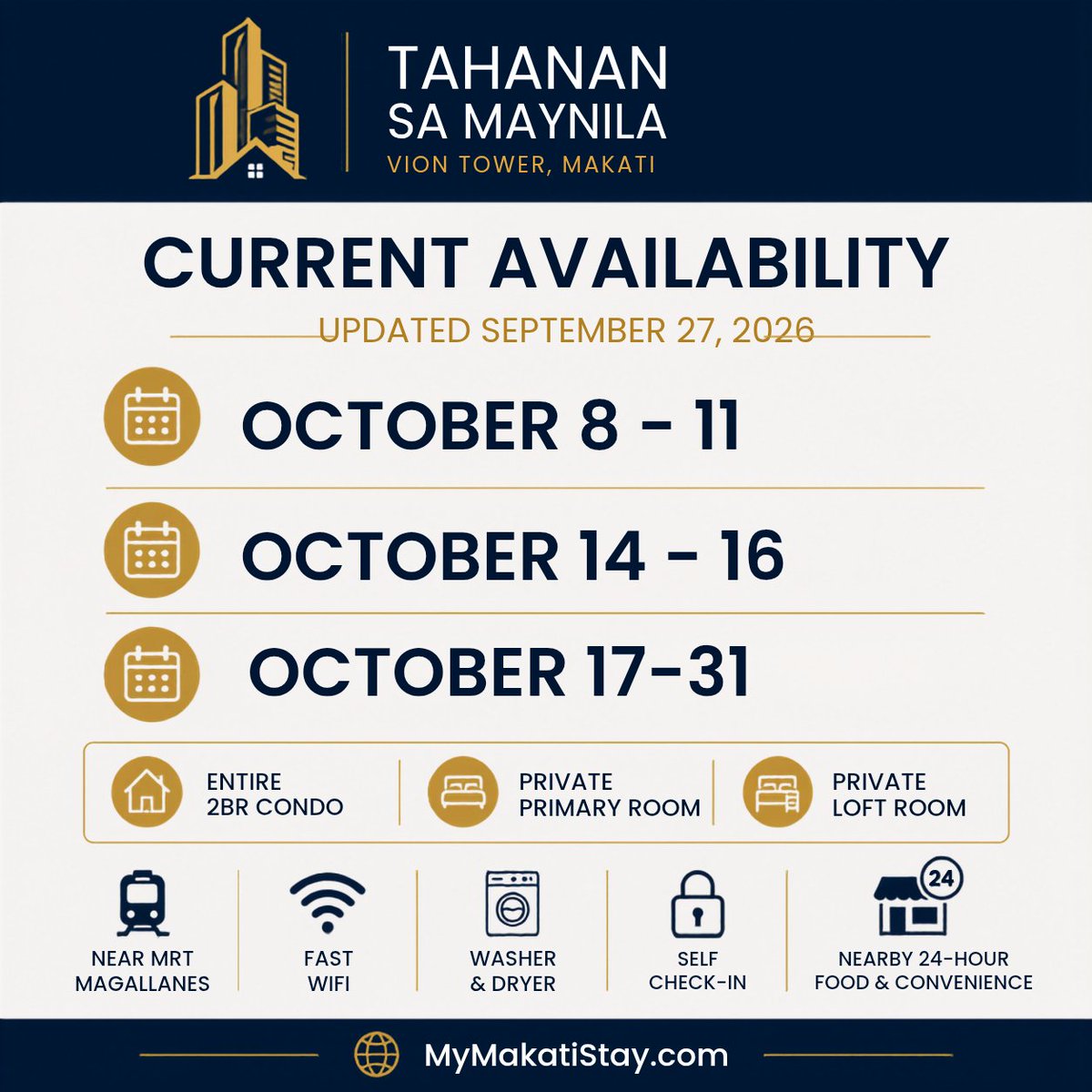 MakatiStay's tweet photo. Avaliable October dates. 
Message us to book or book online. https://t.co/xFAAWhXCqM