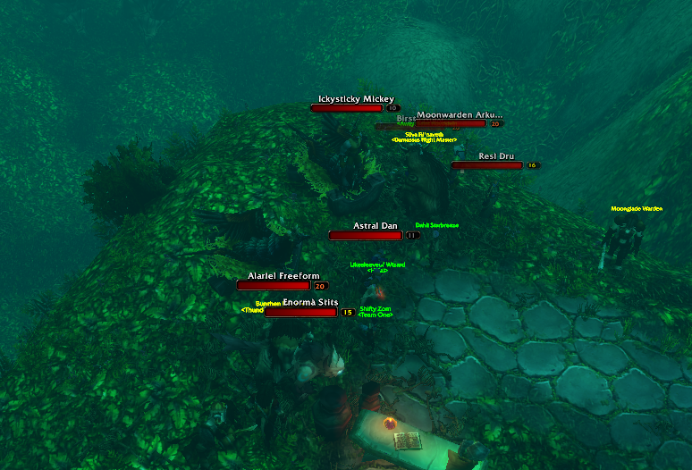 TheFeyheart's tweet photo. Since Reporting is down on Forever Beta, I'm posting this and tagging @BlizzardCS @Blizzard_Ent .

These are among the few people griefing us in PvP Moonglade right now. These guys are standing on the FP so we click/attack them to get flagged, so the large group can kill. https://t.co/8bcqYHIMmU