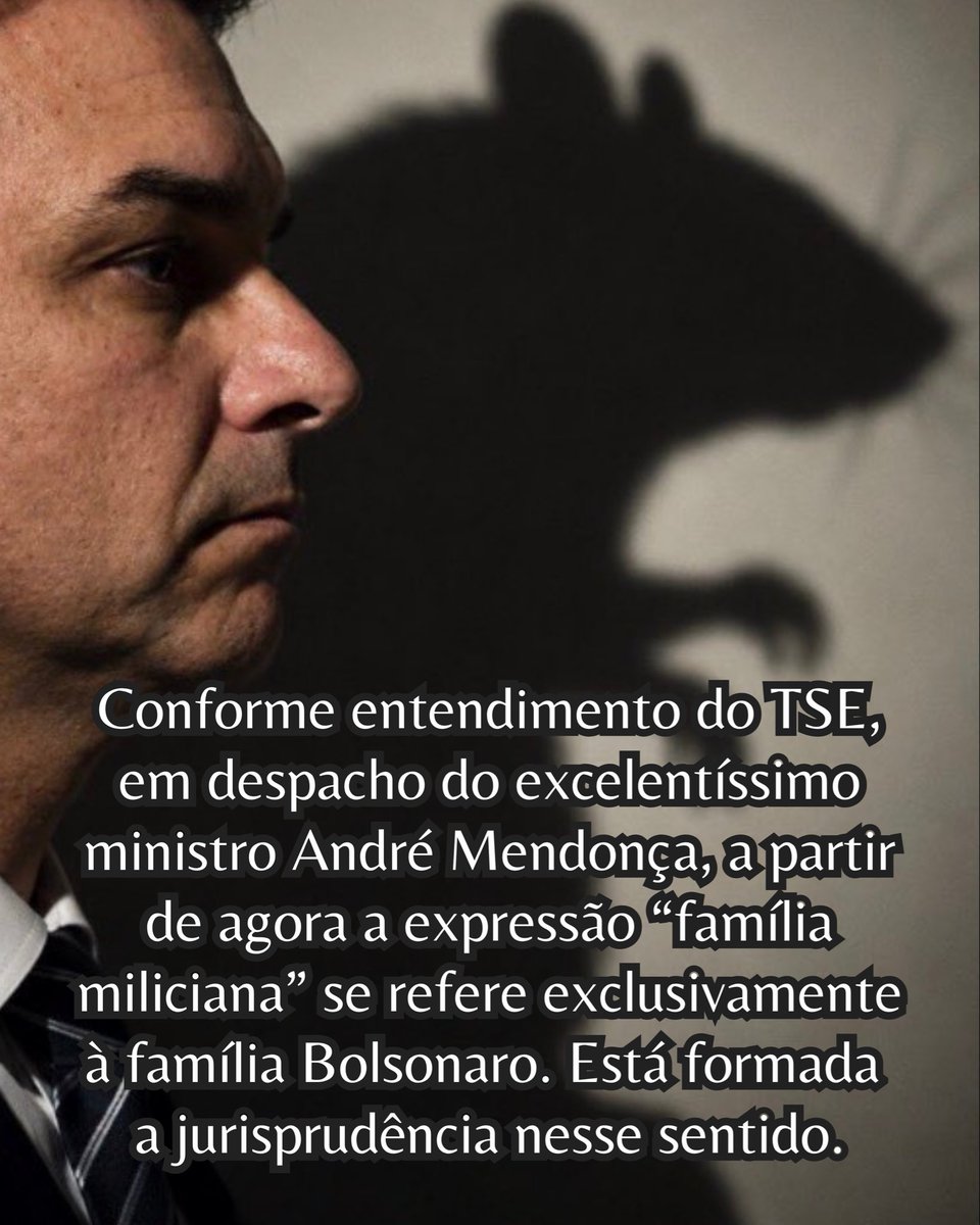 BacurauA's tweet photo. Conforme entendimento do TSE, em despacho do excelentíssimo ministro André Mendonça, a partir de agora a expressão “família miliciana” se refere exclusivamente à família Bolsonaro. Está formada a jurisprudência nesse sentido. https://t.co/sAE0Z9nvTq