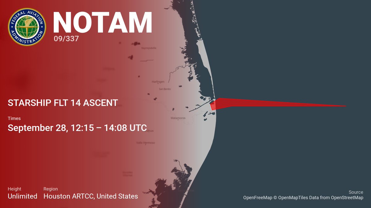 SpaceNotices's tweet photo. Starship Flight 14 NOTAMs for the US airspace have been posted. All expected major notices are now in place for a launch tomorrow

https://t.co/LNB7YJOYOI https://t.co/C5Qmg8NLMJ