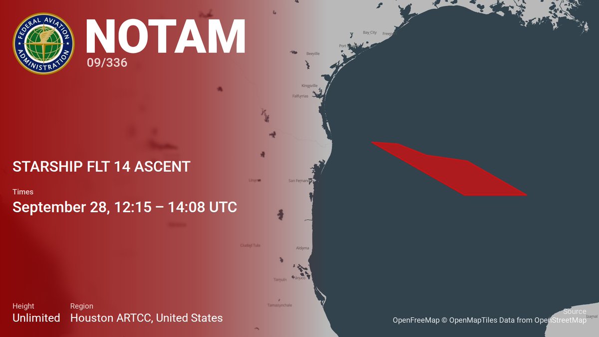 SpaceNotices's tweet photo. Starship Flight 14 NOTAMs for the US airspace have been posted. All expected major notices are now in place for a launch tomorrow

https://t.co/LNB7YJOYOI https://t.co/C5Qmg8NLMJ